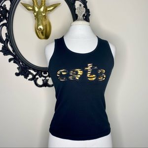 Black Tank Top with Cats Embroidered in Tiger Print